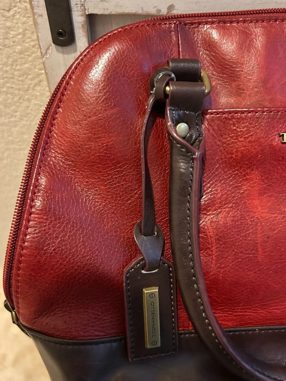 Tignanello Bleecker Street Accordion Satchel Rouge Brown Leather Crossbody Bag